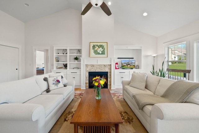 1387 Wilmington Way Unit 3-34, Lake Geneva, WI 53147 - living area with ceiling fan, a tile fireplace, high vaulted ceiling, light wood-style floors, and recessed lighting