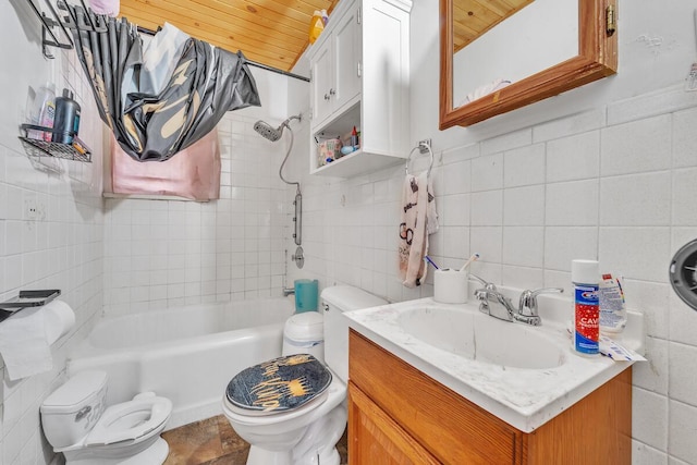 2936 S 9th Pl, Milwaukee, WI 53215 - bathroom featuring toilet, tile walls, vanity, wood ceiling, and washtub / shower combination