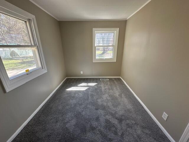 carpeted empty room featuring ornamental molding and baseboards