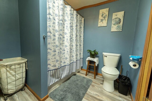 277 James St, Tomah, WI 54660 - full bath with wood finished floors, toilet, crown molding, and a shower with shower curtain