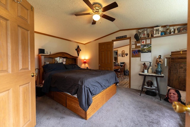 277 James St, Tomah, WI 54660 - carpeted bedroom with vaulted ceiling, crown molding, a textured ceiling, and ceiling fan
