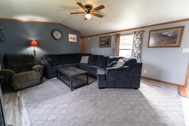 277 James St, Tomah, WI 54660 - living area featuring ceiling fan, crown molding, lofted ceiling, and baseboards