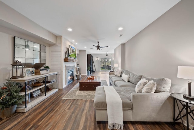 1521 Geneva Club Dr Unit 18-05, Lake Geneva, WI 53147 - living area featuring a fireplace, a ceiling fan, dark wood-style floors, recessed lighting, and baseboards