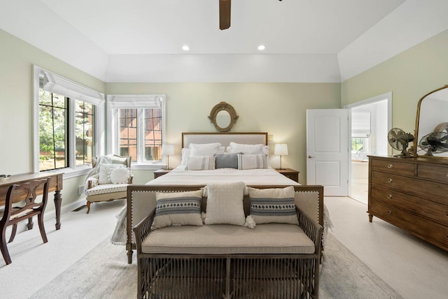 1521 Geneva Club Dr Unit 18-05, Lake Geneva, WI 53147 - bedroom with light colored carpet, a ceiling fan, lofted ceiling, baseboards, and recessed lighting