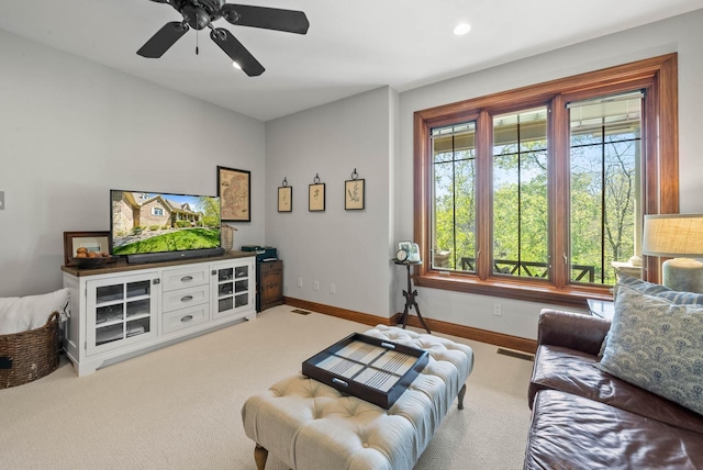 1521 Geneva Club Dr Unit 18-05, Lake Geneva, WI 53147 - living area featuring carpet, baseboards, ceiling fan, and recessed lighting