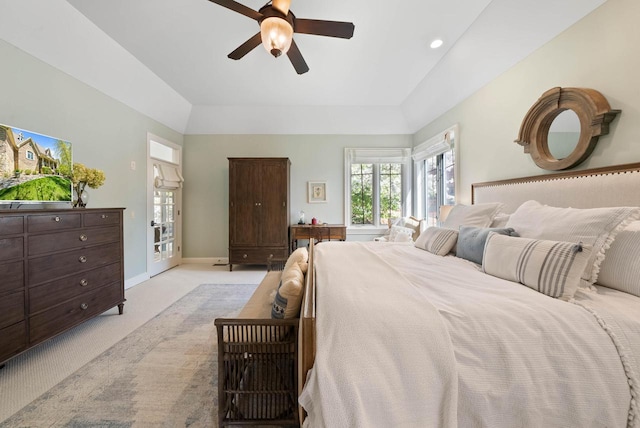 1521 Geneva Club Dr Unit 18-05, Lake Geneva, WI 53147 - bedroom featuring light colored carpet, baseboards, lofted ceiling, and a ceiling fan