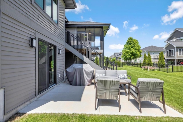 802 Lynn St, Waunakee, WI 53597 - view of patio / terrace with grilling area, an outdoor living space, stairs, and a residential view