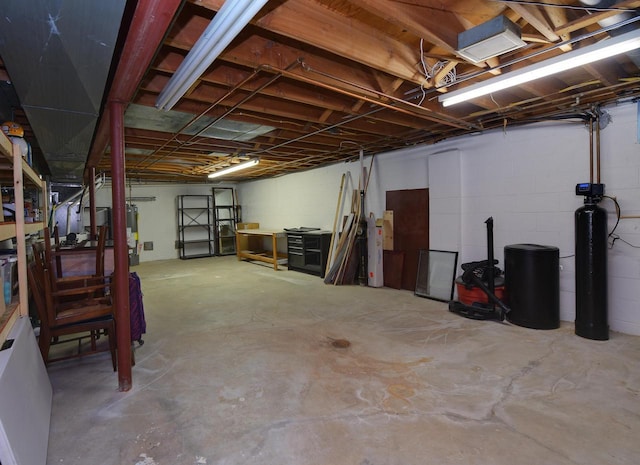 unfinished below grade area with a water softener system, gas water heater, and concrete block wall