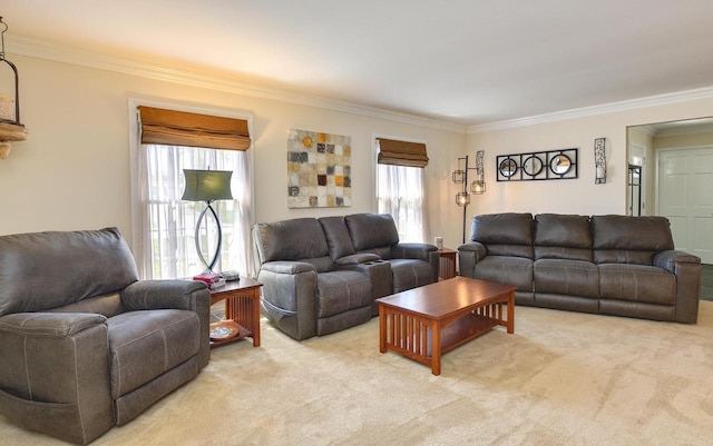 living room with ornamental molding and light colored carpet