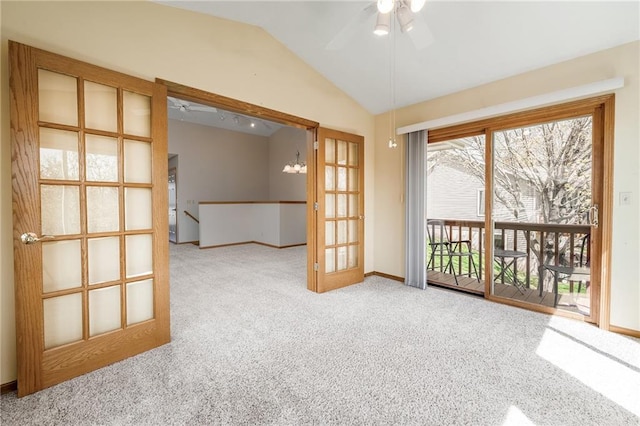 1153 Weather Ridge Rd, Chippewa Falls, WI 54729 - carpeted spare room with a ceiling fan, lofted ceiling, and baseboards