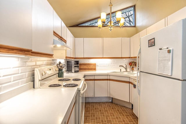 1031 N Osborne Blvd, Racine, WI 53405 - kitchen with white appliances, a sink, under cabinet range hood, light countertops, and a chandelier