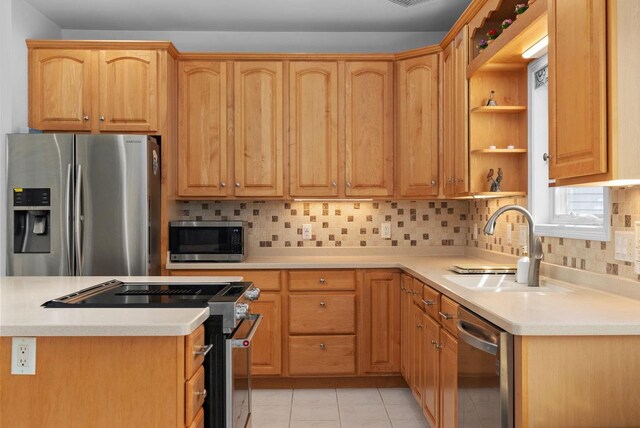 8705 Nelson Xing, Verona, WI 53593 - kitchen with appliances with stainless steel finishes, open shelves, a sink, and light tile patterned floors