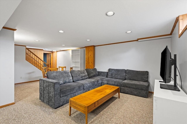 N39W32890 High Hill Ct, Nashotah, WI 53058 - living room with light colored carpet, recessed lighting, ornamental molding, stairway, and baseboards