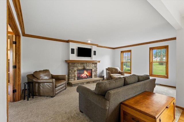 N39W32890 High Hill Ct, Nashotah, WI 53058 - living room with crown molding, a fireplace, light carpet, and baseboards
