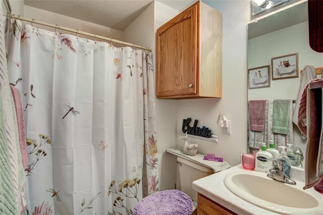 3329 E Meadows Pl, Eau Claire, WI 54701 - full bath with vanity, a textured ceiling, and a shower with curtain