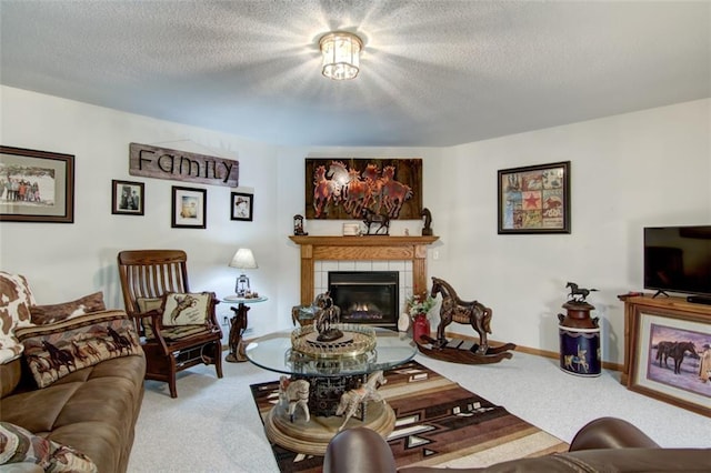 3329 E Meadows Pl, Eau Claire, WI 54701 - living area with carpet flooring, a tiled fireplace, and a textured ceiling