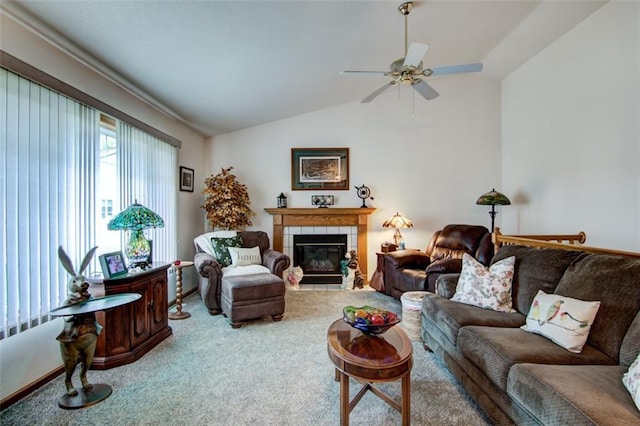 3329 E Meadows Pl, Eau Claire, WI 54701 - living room featuring lofted ceiling, carpet flooring, a ceiling fan, and a fireplace