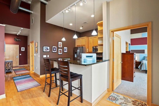 1325 N Van Buren St Unit 308, Milwaukee, WI 53202 - kitchen with rail lighting, appliances with stainless steel finishes, a towering ceiling, light wood finished floors, and a kitchen breakfast bar