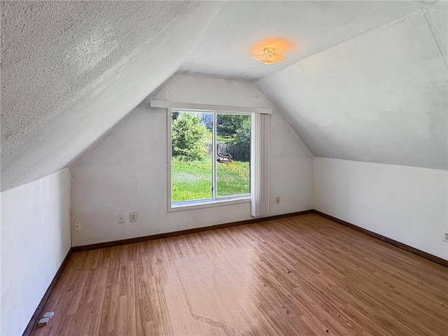 438 N Washington St, Saint Croix Falls, WI 54024 - additional living space featuring wood finished floors, vaulted ceiling, baseboards, and a textured ceiling