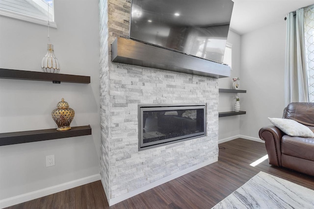 432 Tawny Elm Pkwy, Verona, WI 53593 - living room with baseboards, wood finished floors, and a stone fireplace