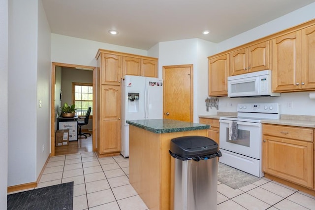 175545 Willow Ln, Ringle, WI 54440 - kitchen featuring white appliances, a center island, light brown cabinets, light tile patterned floors, and recessed lighting
