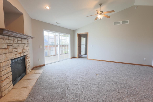 6313 43rd St Unit 162, Kenosha, WI 53144 - unfurnished living room with lofted ceiling, a fireplace, a ceiling fan, light colored carpet, and baseboards