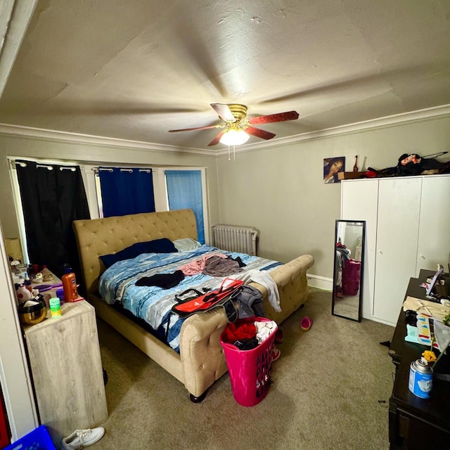 2664 N Booth St, Milwaukee, WI 53212 - bedroom featuring carpet flooring, ornamental molding, radiator, and ceiling fan