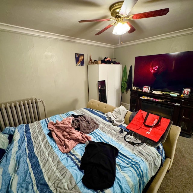 2664 N Booth St, Milwaukee, WI 53212 - bedroom featuring radiator, crown molding, carpet, and a ceiling fan