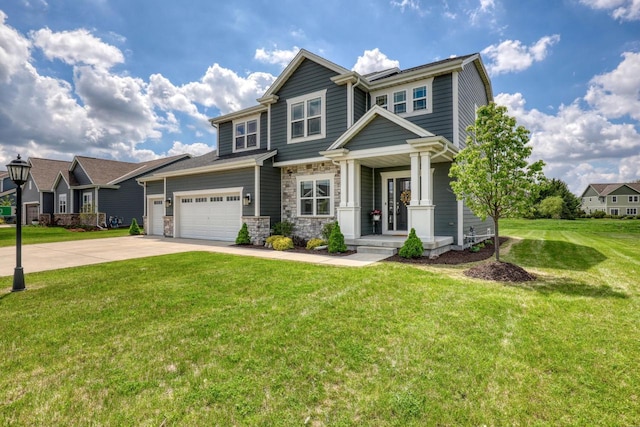 craftsman inspired home featuring stone siding, concrete driveway, a front lawn, and covered porch
