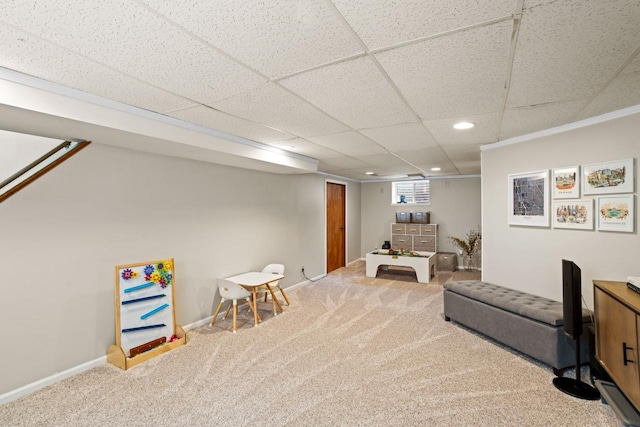 2577 N 89th St, Wauwatosa, WI 53226 - playroom with carpet floors, recessed lighting, a paneled ceiling, and baseboards