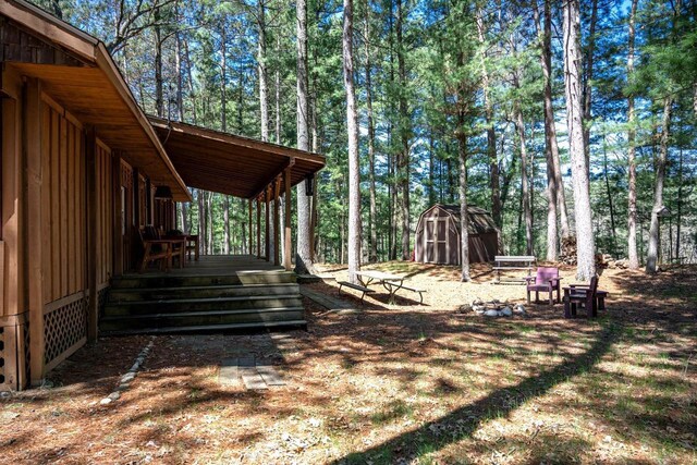 984 E Trout Valley Rd, Friendship, WI 54646 - view of yard featuring a storage unit, an outdoor structure, and a wooden deck