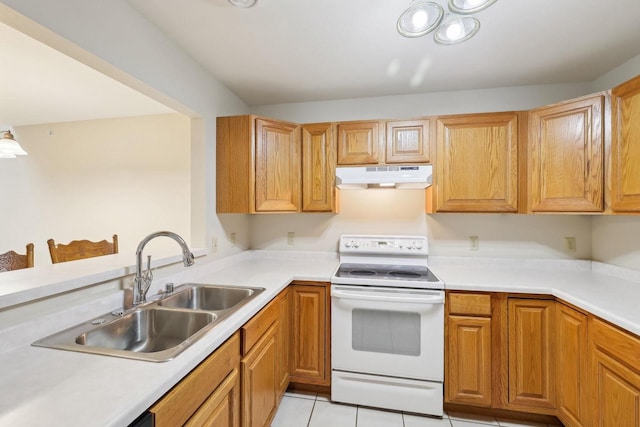 5397 Blue Bill Park Dr Unit 9, Waunakee, WI 53597 - kitchen with white electric range oven, under cabinet range hood, a sink, light countertops, and light tile patterned floors