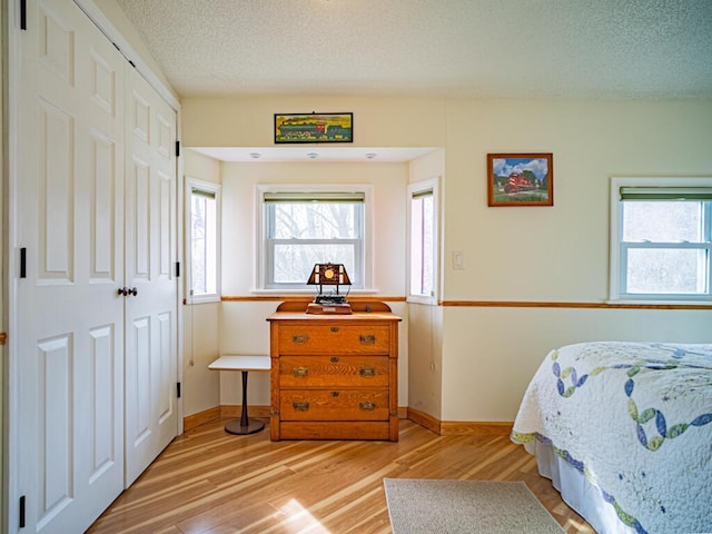 301 E Townline Rd Unit D, Lake Geneva, WI 53147 - bedroom with a closet, light wood-type flooring, multiple windows, a textured ceiling, and baseboards