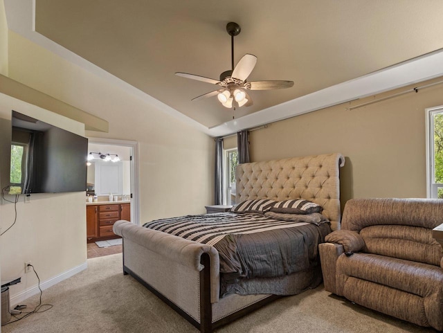9318 W Mt Zion Dr, Milwaukee, WI 53224 - bedroom featuring light carpet, vaulted ceiling, ensuite bath, baseboards, and ceiling fan