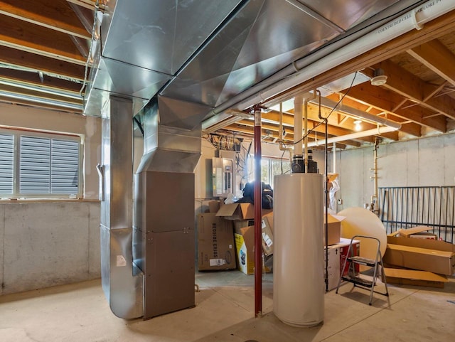 9318 W Mt Zion Dr, Milwaukee, WI 53224 - basement featuring gas water heater, electric panel, and heating unit