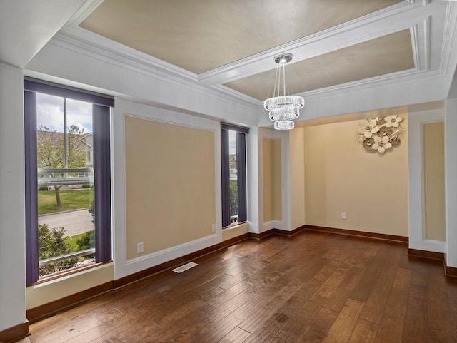9318 W Mt Zion Dr, Milwaukee, WI 53224 - unfurnished room with a chandelier, wood-type flooring, a tray ceiling, ornamental molding, and baseboards
