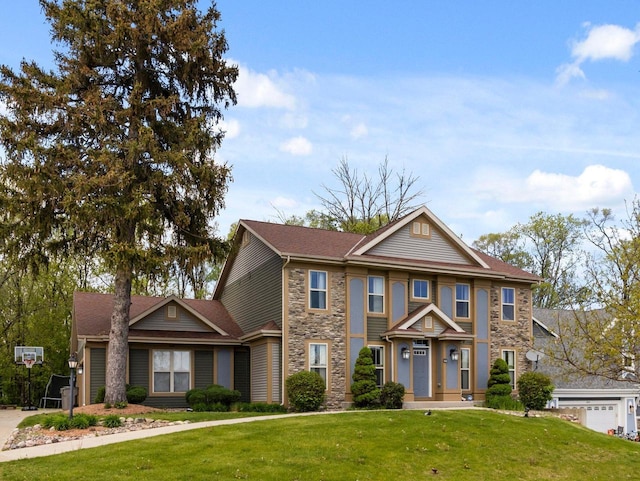 9318 W Mt Zion Dr, Milwaukee, WI 53224 - view of front of house with stone siding and a front lawn