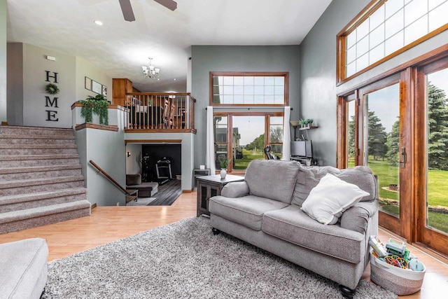 11915 Wedgewood Ln, Darlington, WI 53530 - living area featuring ceiling fan, healthy amount of natural light, a chandelier, wood finished floors, and recessed lighting