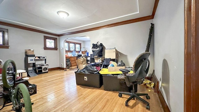 5561 N 40th St, Milwaukee, WI 53209 - office space featuring hardwood / wood-style flooring, ornamental molding, a raised ceiling, baseboards, and arched walkways