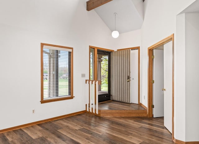 901 Duck Pond Rd, Fontana, WI 53125 - foyer entrance featuring beamed ceiling, wood finished floors, high vaulted ceiling, and baseboards