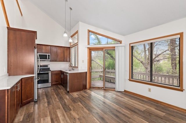 901 Duck Pond Rd, Fontana, WI 53125 - kitchen featuring stainless steel appliances, a sink, light countertops, dark wood-style flooring, and high vaulted ceiling