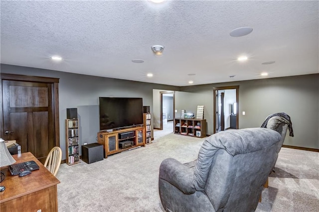 1215 Brooke Ct, Chippewa Falls, WI 54729 - living room featuring light carpet, a textured ceiling, recessed lighting, baseboards, and an office area