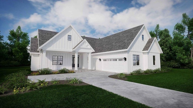 1746 N River Cir, River Hills, WI 53217 - modern farmhouse with board and batten siding, a front yard, an attached garage, driveway, and roof with shingles