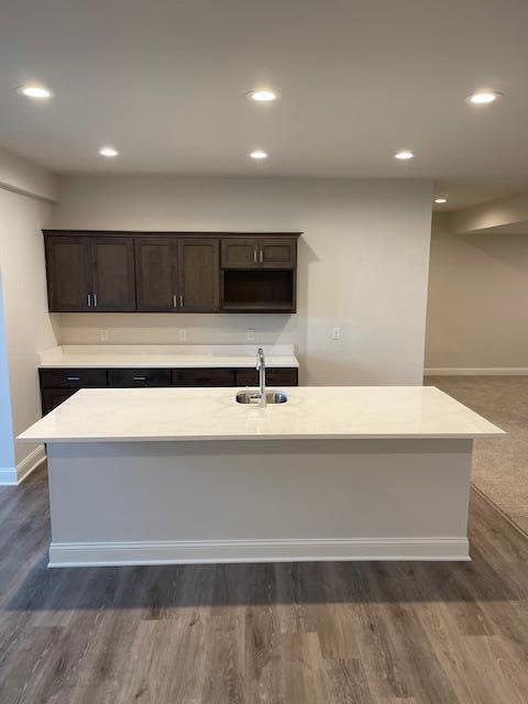 1746 N River Cir, River Hills, WI 53217 - kitchen with a sink, dark brown cabinetry, dark wood-style flooring, light countertops, and recessed lighting