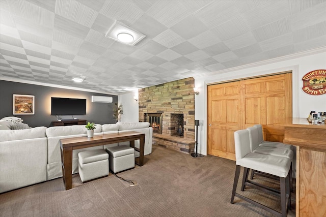 530 W Acacia Rd, Glendale, WI 53217 - carpeted living area featuring a wall unit AC and a fireplace