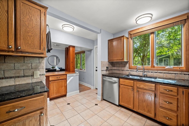 530 W Acacia Rd, Glendale, WI 53217 - kitchen featuring dishwasher, a sink, baseboards, tasteful backsplash, and brown cabinetry