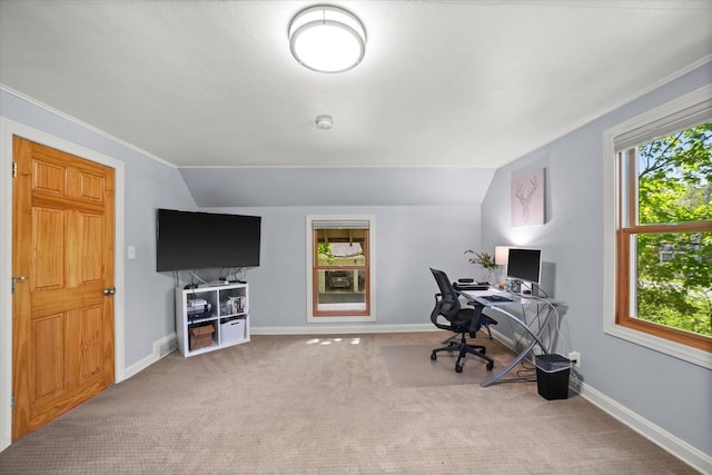530 W Acacia Rd, Glendale, WI 53217 - office area with vaulted ceiling, carpet, crown molding, and baseboards