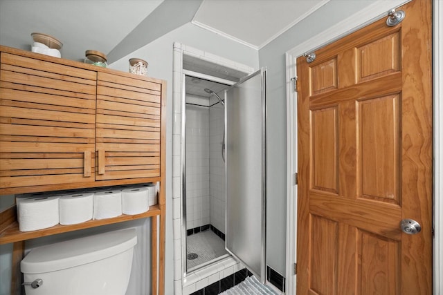 530 W Acacia Rd, Glendale, WI 53217 - full bath featuring a stall shower, toilet, ornamental molding, and tile patterned floors