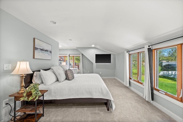 530 W Acacia Rd, Glendale, WI 53217 - bedroom with lofted ceiling, baseboards, light colored carpet, and recessed lighting