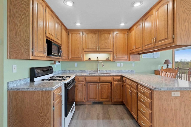 N3351 County Road B, Kewaunee, WI 54216 - kitchen featuring gas range, black microwave, a sink, light wood-style floors, and light countertops